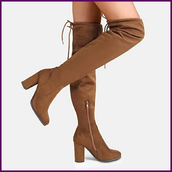 Women's Thigh High Over Knee Boots Block Mid Heel Faux Fur Lining - Picture 6 of 8